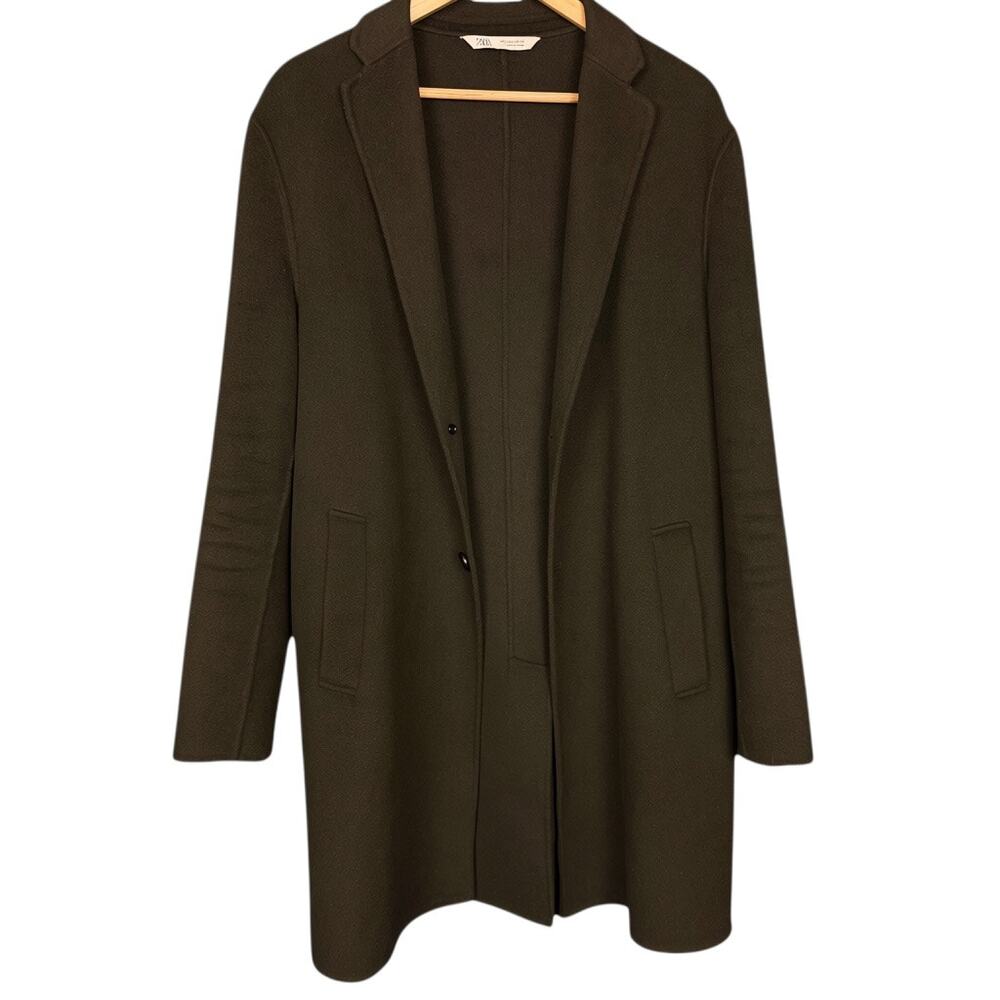 ZARA Olive Green Long Wool Blend Overcoat Button Front Notch Collar Men's Large